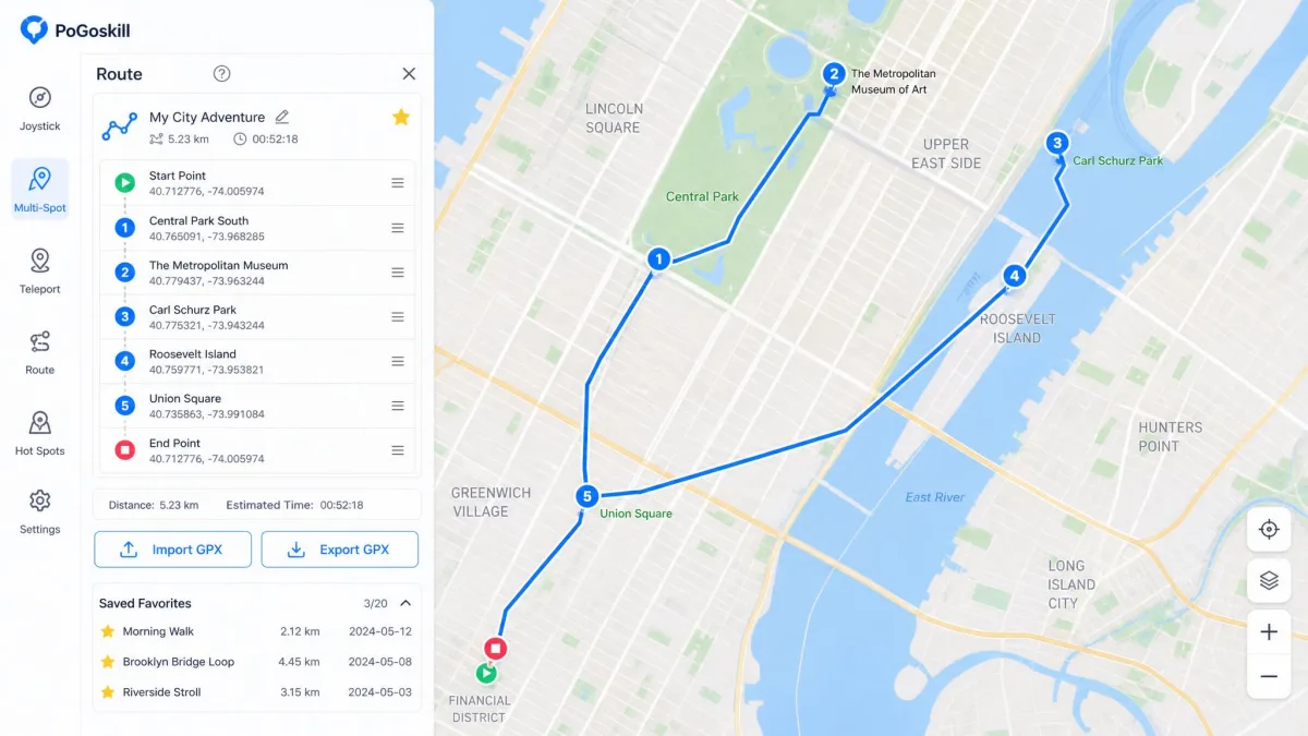 PoGoskill's route panel with a multi-stop path drawn across a map and the GPX import and export buttons visible below the saved favorites list.