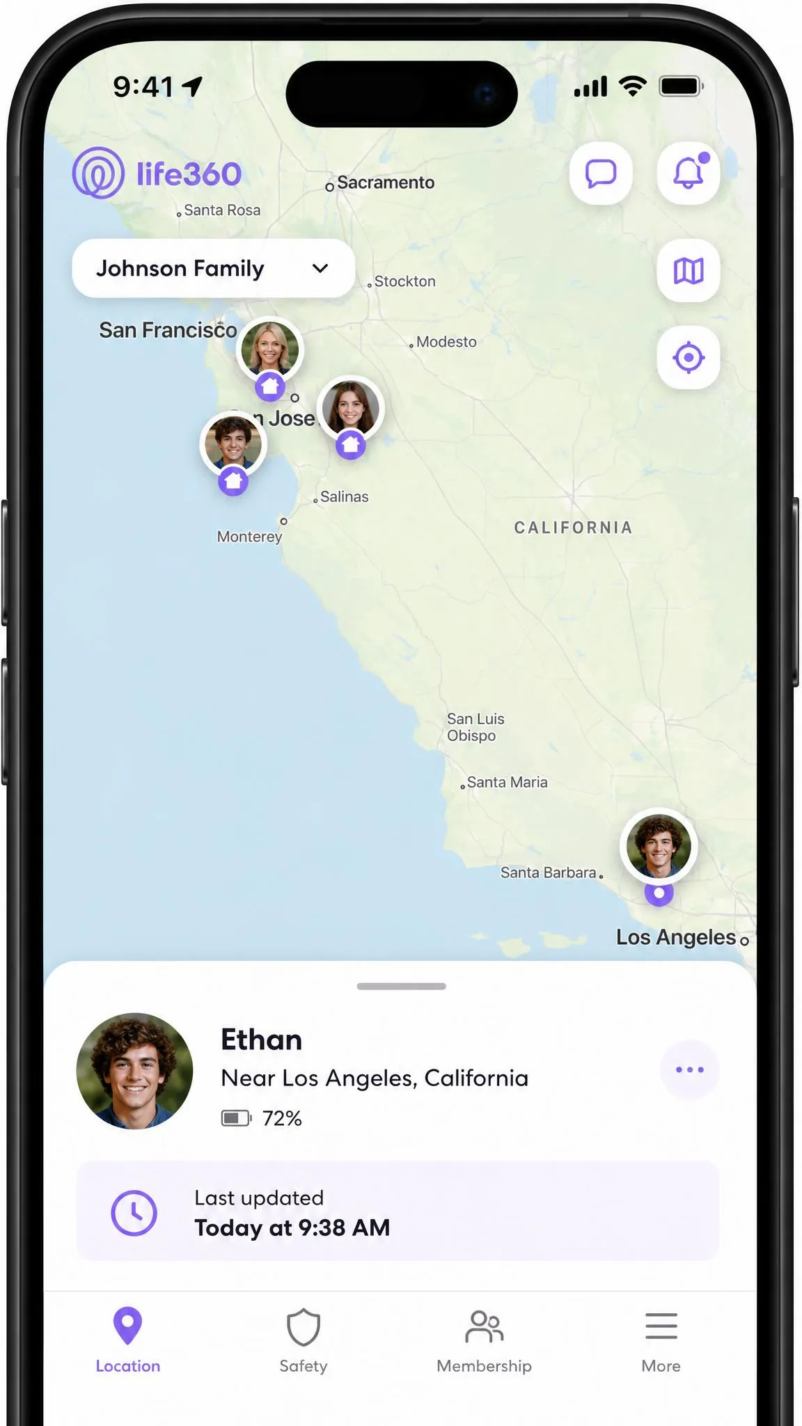 A Life360 circle map on a phone showing a member's pin sitting in a different city from the rest of the group, with the location timestamp visible underneath.