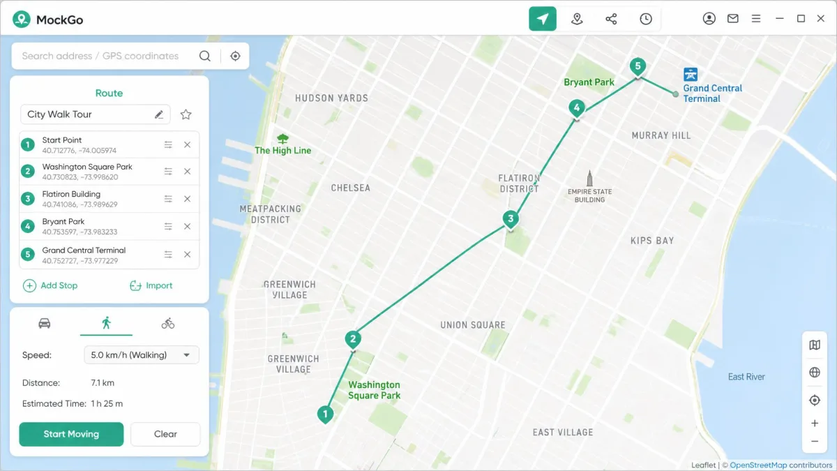 A multi-stop route drawn across a city map in MockGo, with five numbered waypoints connected by a line and a speed field set to walking pace.
