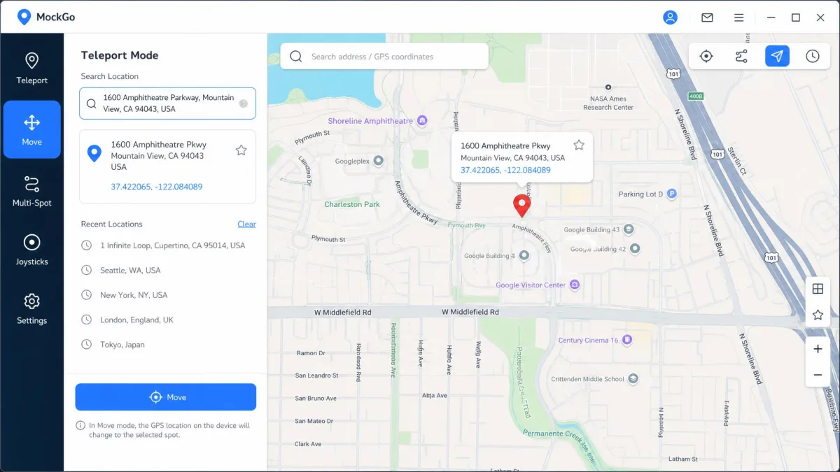 MockGo's teleport mode on a desktop screen with a search box open, a pin dropped on a city street, and the Move button highlighted in the sidebar.