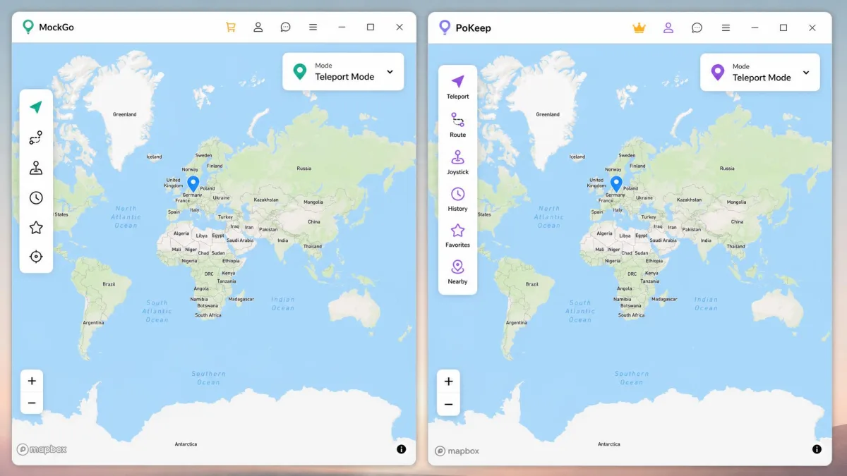 Side by side screenshots of the MockGo and PoKeep desktop apps, each showing a world map with a location pin dropped and the mode selector visible in the top right corner.