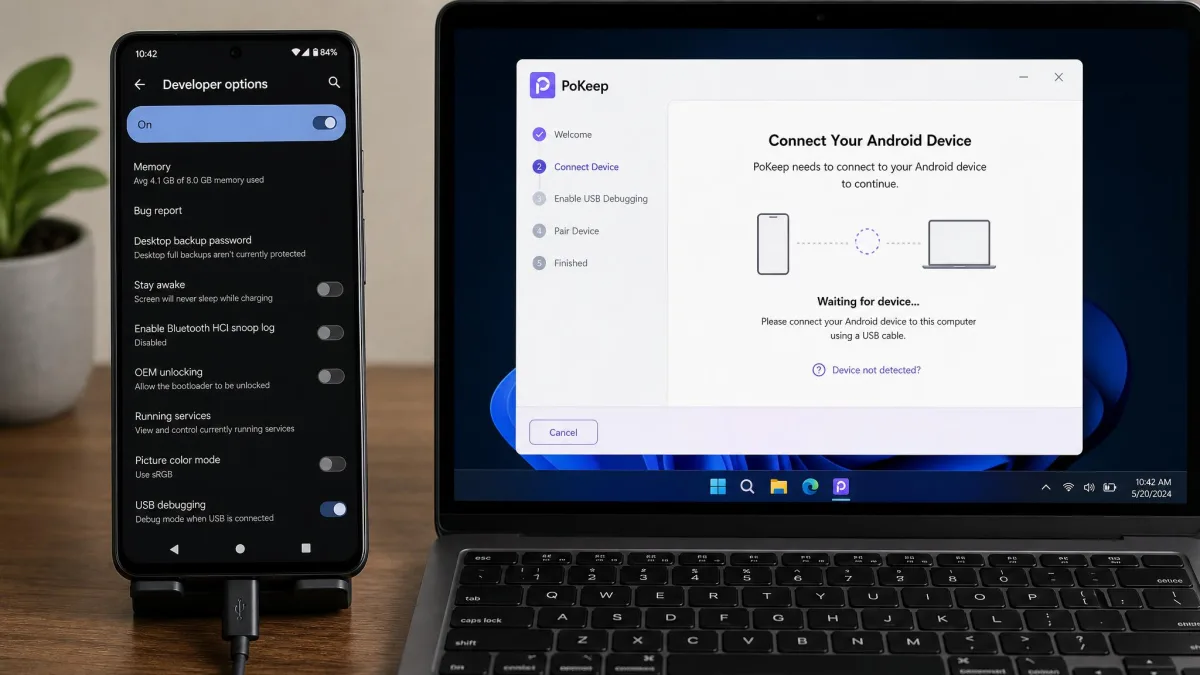An Android phone screen showing Developer Options with the USB debugging toggle switched on, next to a laptop displaying the PoKeep connection wizard waiting for the device.