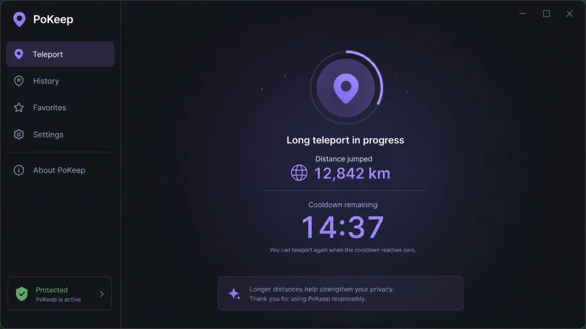 The PoKeep desktop app showing an on-screen cooldown countdown after a long teleport, with the distance jumped listed above the remaining wait time.