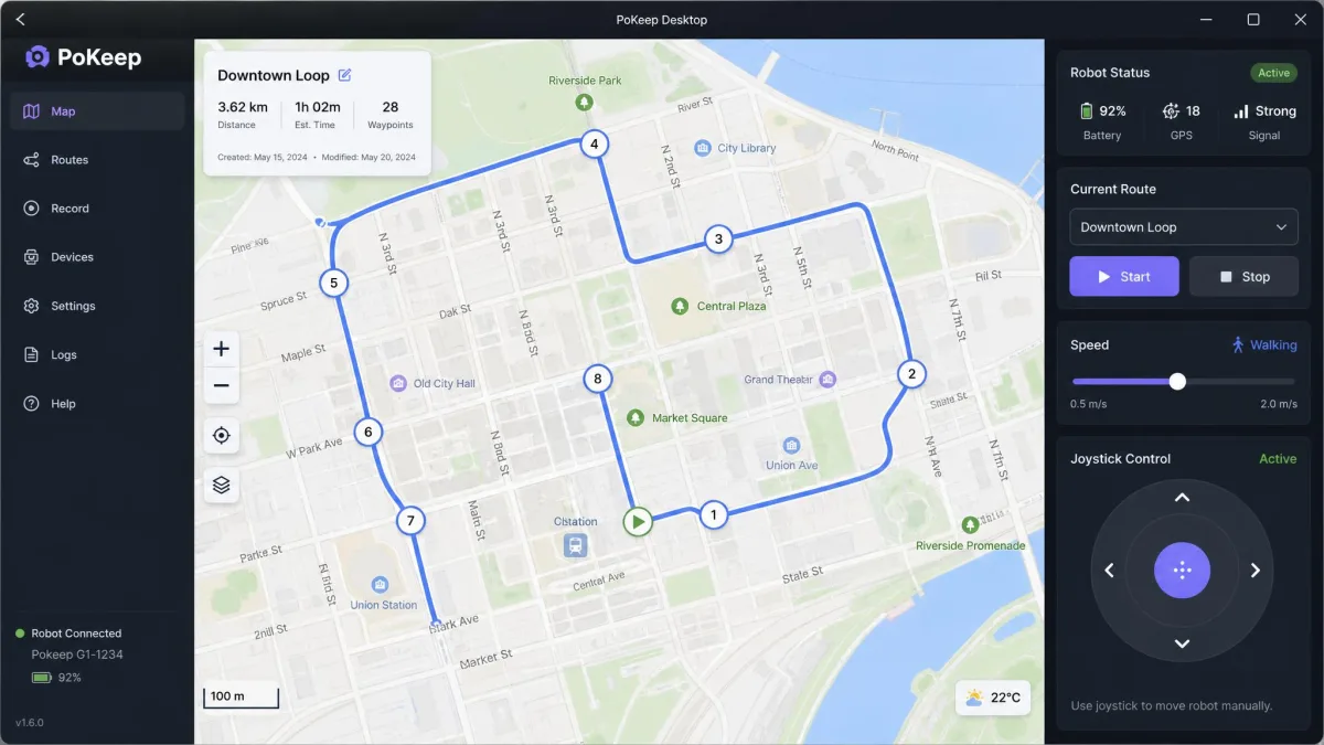 The PoKeep desktop interface with the circular joystick control active in the lower right, a speed slider set to walking pace, and a simulated track drawn across a city map.