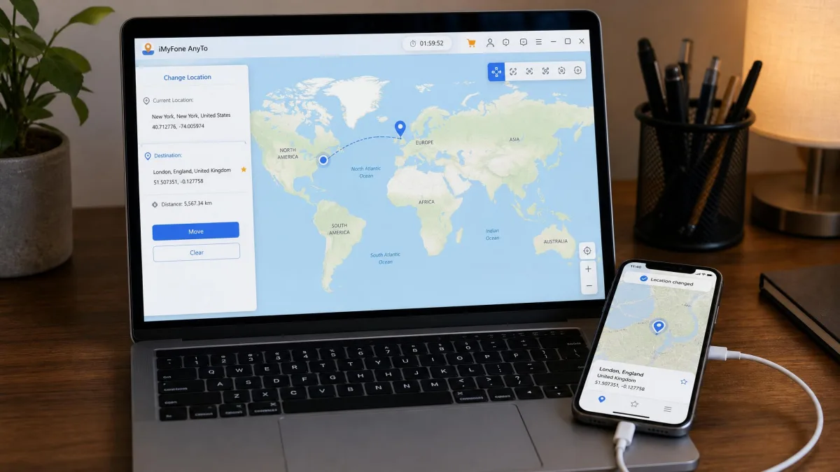 A laptop on a desk running a GPS location changer app with a world map on screen, an iPhone connected by a white USB cable resting beside the keyboard.