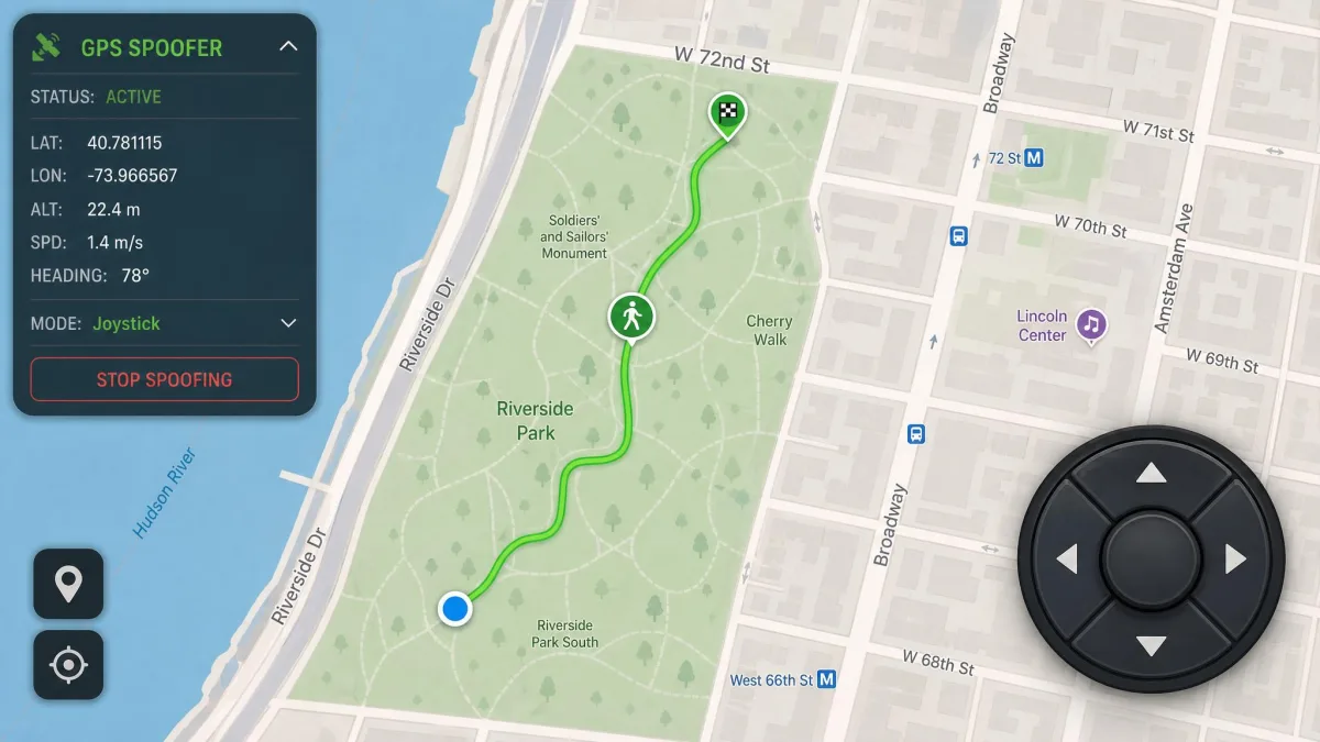 A GPS spoofer joystick control overlaid on a city street map, with a directional pad in the lower right corner and a green walking route traced along a park path.