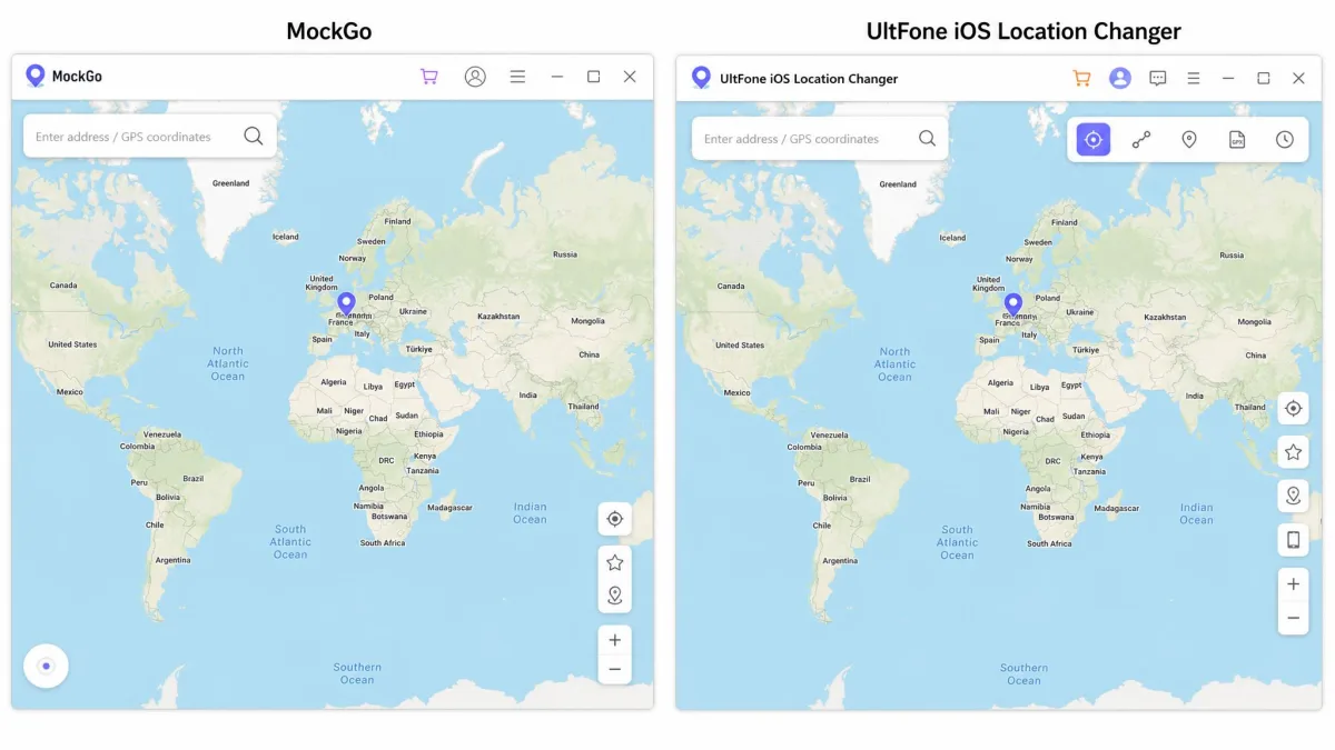 Side-by-side screenshots of MockGo and UltFone iOS Location Changer, each showing a world map with a search bar at the top left and a pin dropped on a European city.