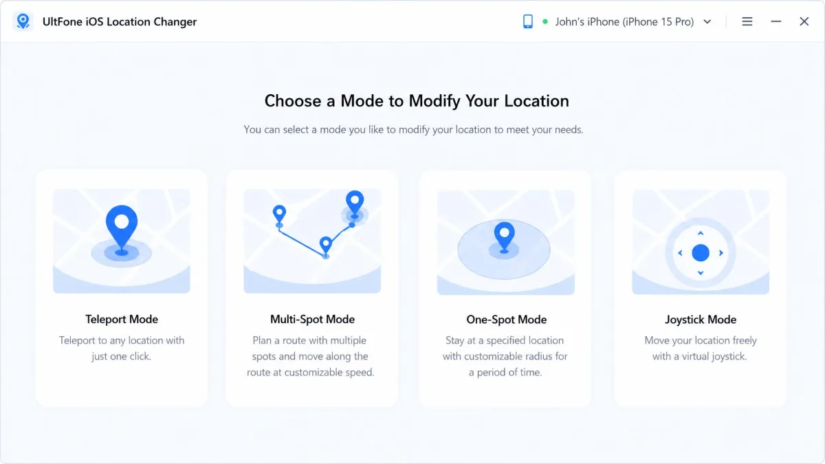 The UltFone iOS Location Changer mode selector showing four icons across the top of the window for teleport, multi-spot, one-spot and joystick, with a connected iPhone name in the corner.