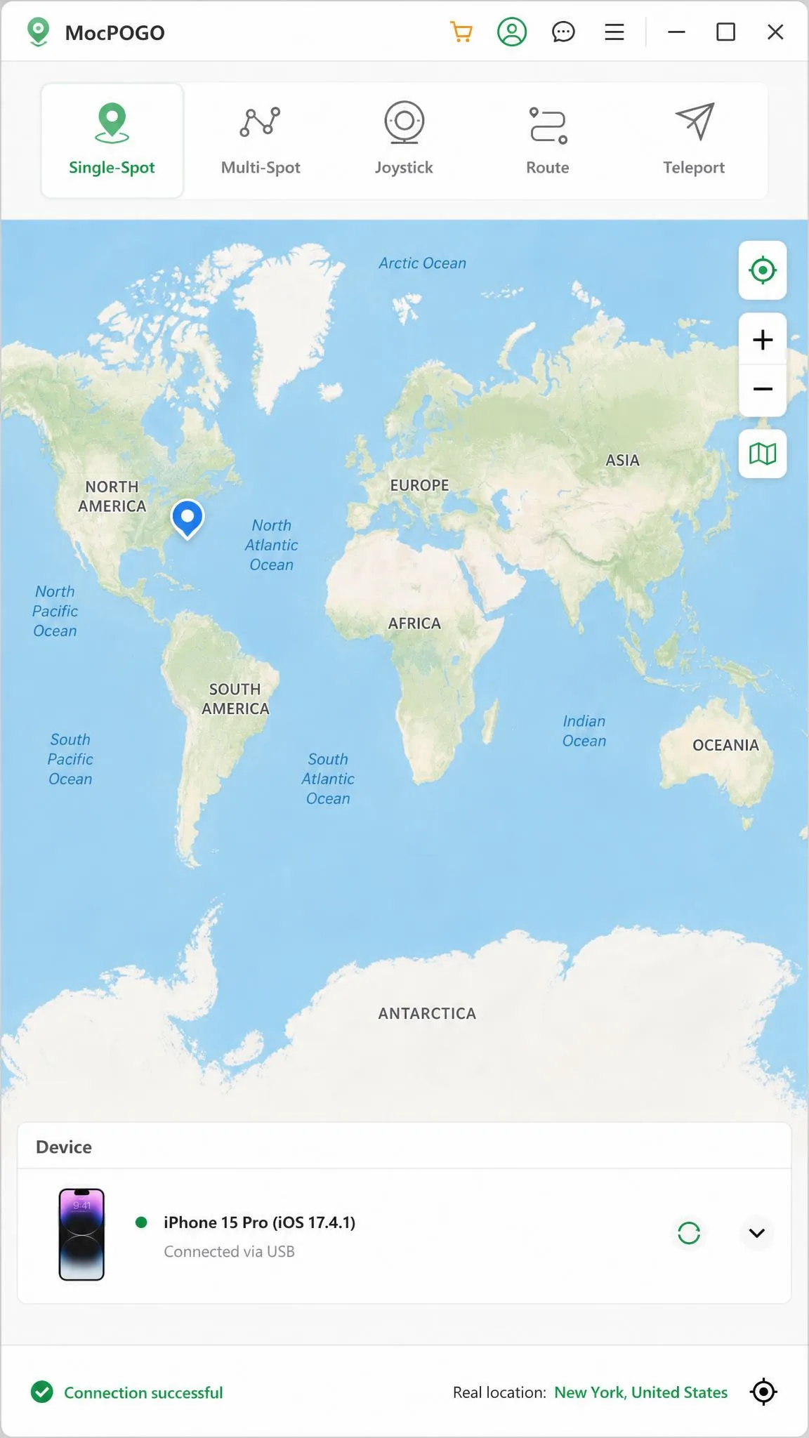 MocPOGO's main desktop window on Windows showing the world map, the mode selector icons above it, and a connected iPhone listed in the device panel.