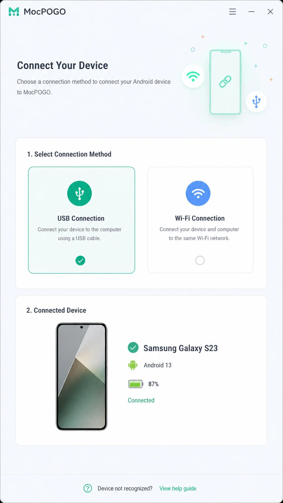 MocPOGO's connection screen offering USB and Wi-Fi options, with a connected Android phone shown alongside its model name and battery level.