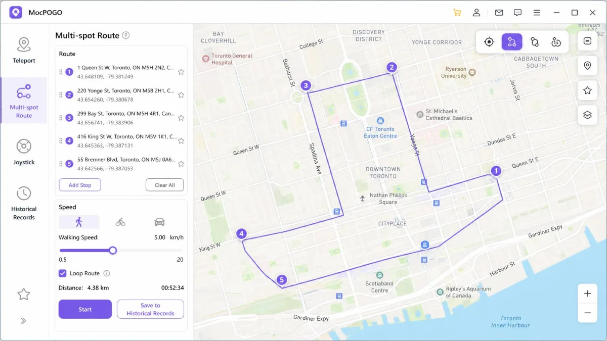 MocPOGO's multi-spot route mode with five waypoints dropped along a city street, a walking speed slider set to 5 km/h, and the loop-route checkbox ticked.
