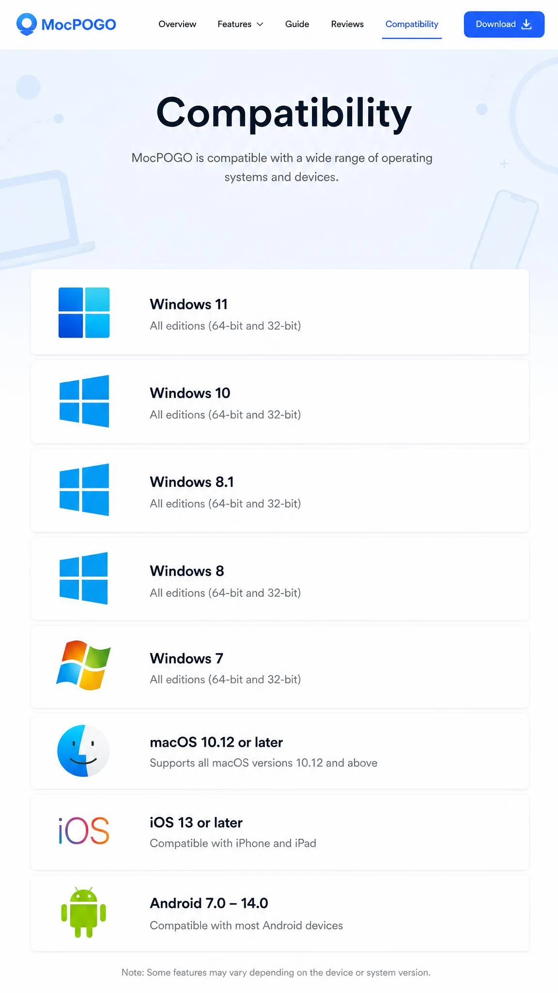 MocPOGO's compatibility page listing supported operating systems, showing Windows 11 through 7, macOS 10.12 or later, iOS 13 and later, and the Android version range.