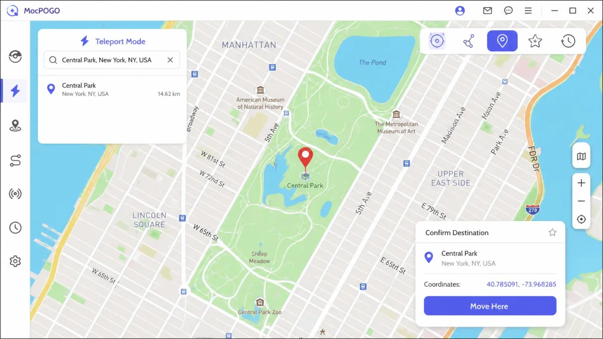 MocPOGO's teleport mode with a destination typed into the search bar, a red pin dropped on the map, and the confirmation panel showing the target coordinates and a Move Here button.