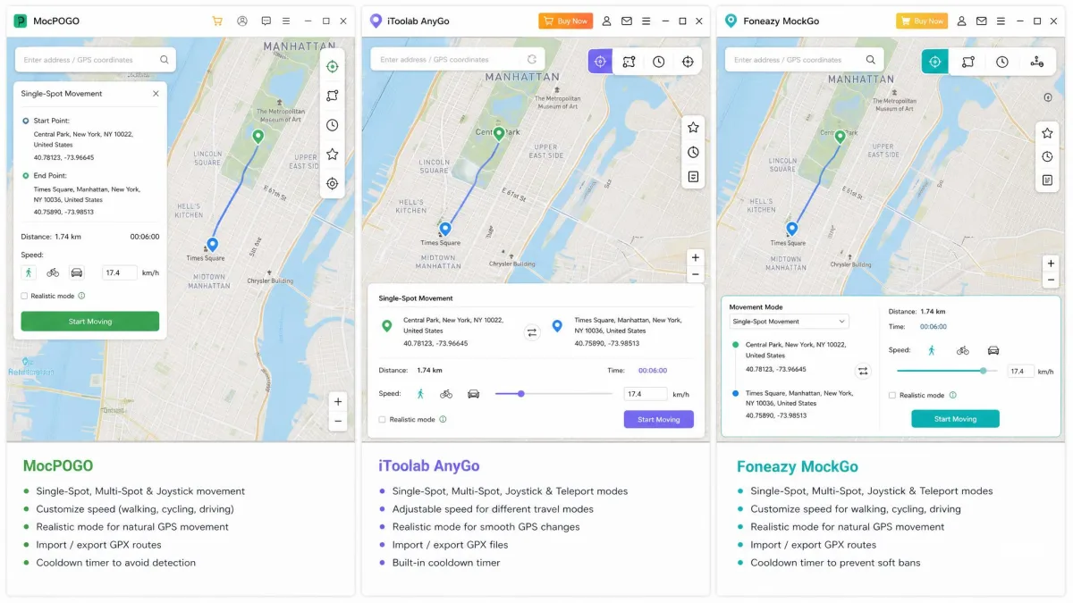 Side by side screenshots of the MocPOGO, iToolab AnyGo, and Foneazy MockGo desktop interfaces, each showing its map view and movement controls for comparison.