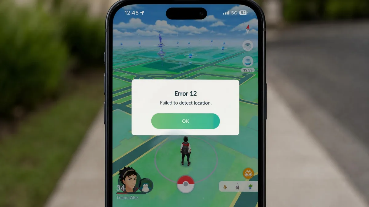 A phone screen showing Pokemon GO's Error 12 message, failed to detect location, over the game's map view.