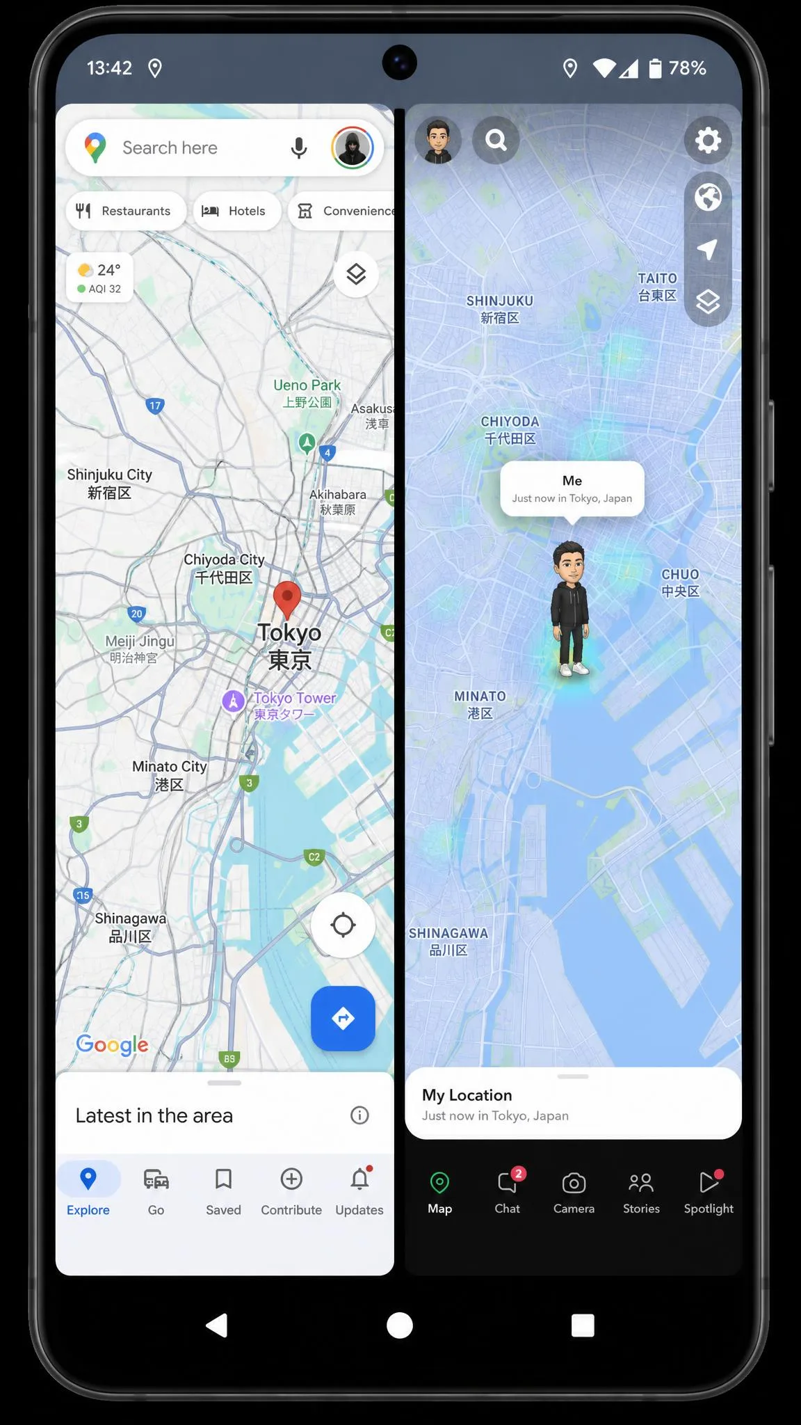 An Android phone screen showing Google Maps centred on a spoofed location in Tokyo, with the Snapchat map open in a split view showing the same city.