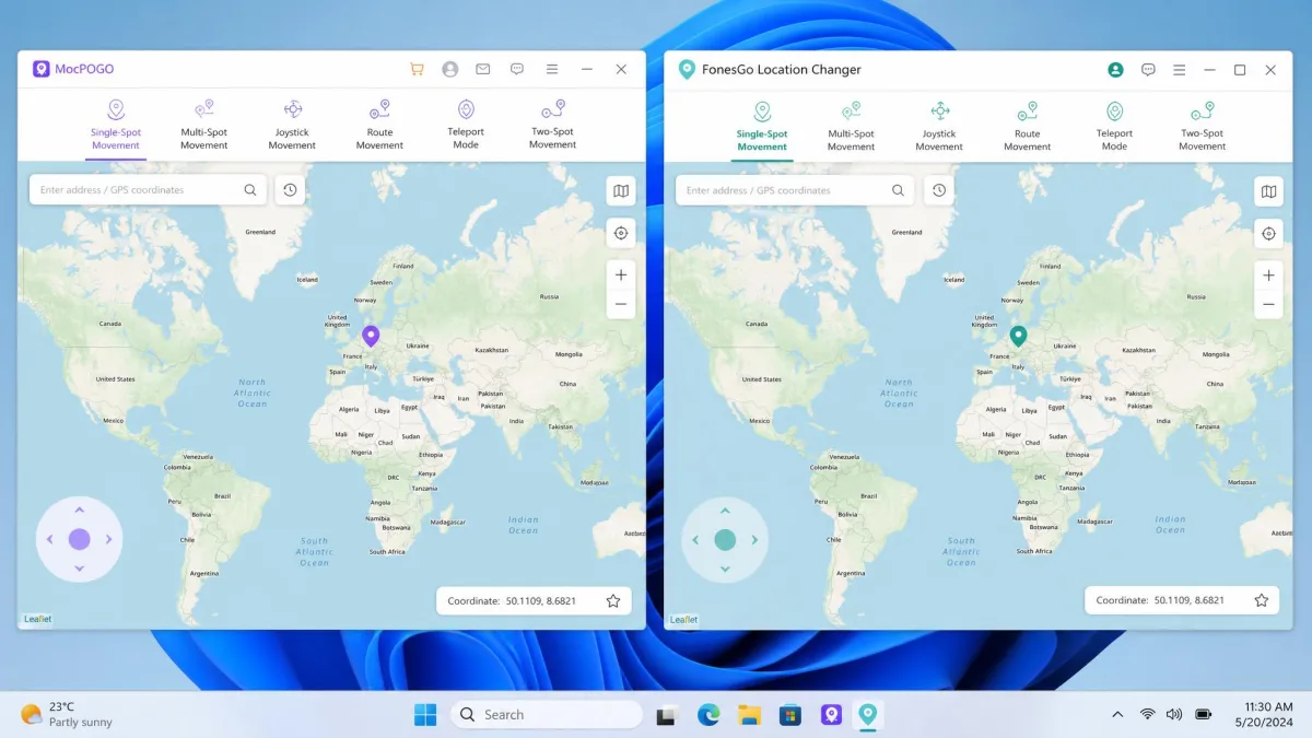 MocPOGO and FonesGo Location Changer map interfaces shown side by side on a Windows desktop, each with a search bar, a world map centred on a pinned location, and a mode toolbar along the top.