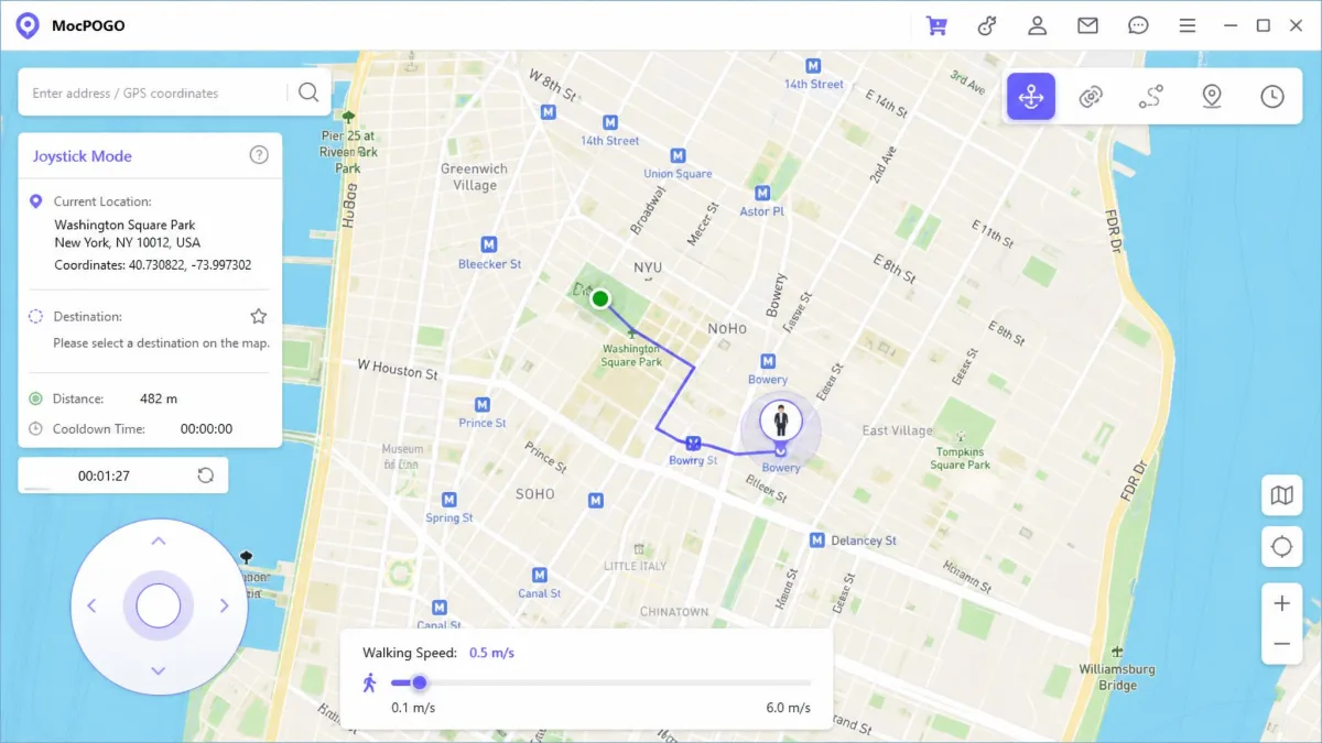 MocPOGO's 360-degree joystick control overlaid on a city map, with a walking speed slider set to a low value and a partially traced route behind the avatar.