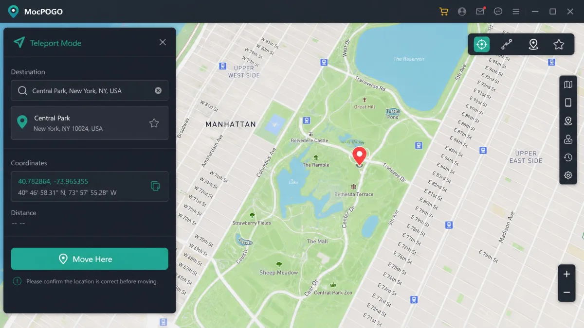MocPOGO teleport mode with a searched destination pinned on the map, the coordinates displayed in a side panel, and a Move Here confirmation button.