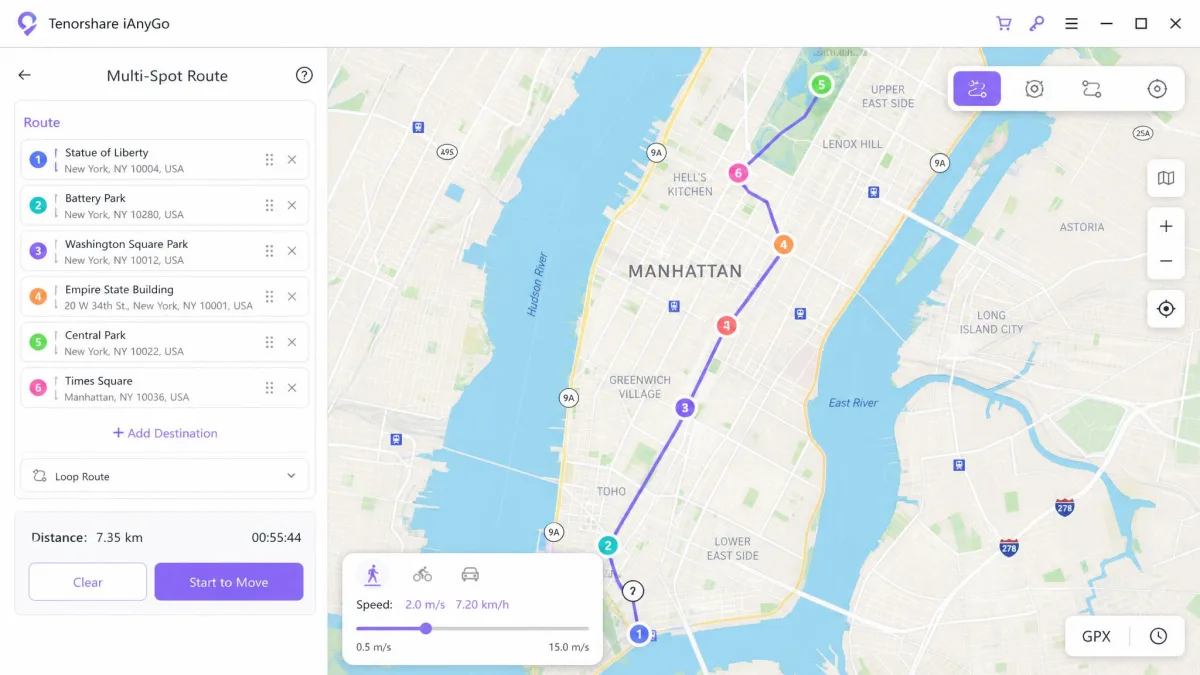 Tenorshare iAnyGo's multi-spot route screen with numbered waypoints plotted across a city map and the speed slider set to walking pace.