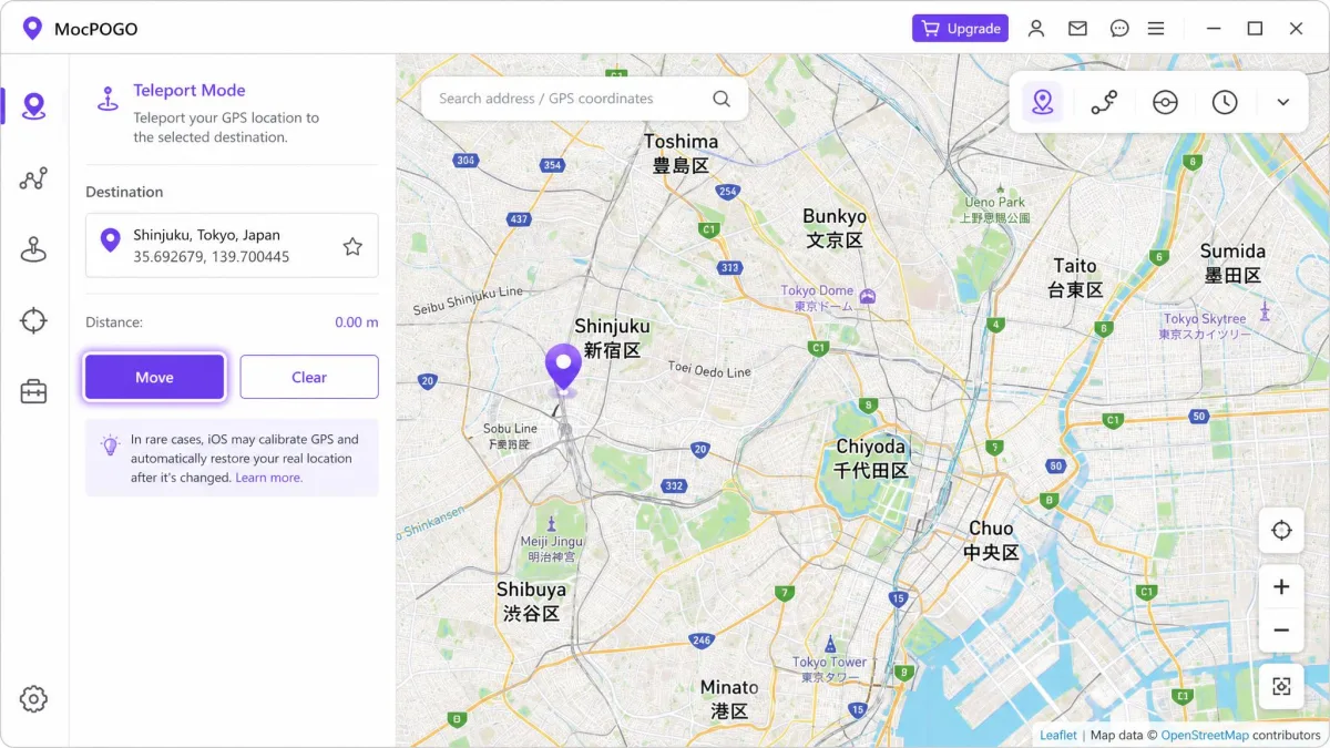 MocPOGO's desktop window showing Teleport mode with a pin dropped over central Tokyo and the Move button highlighted.