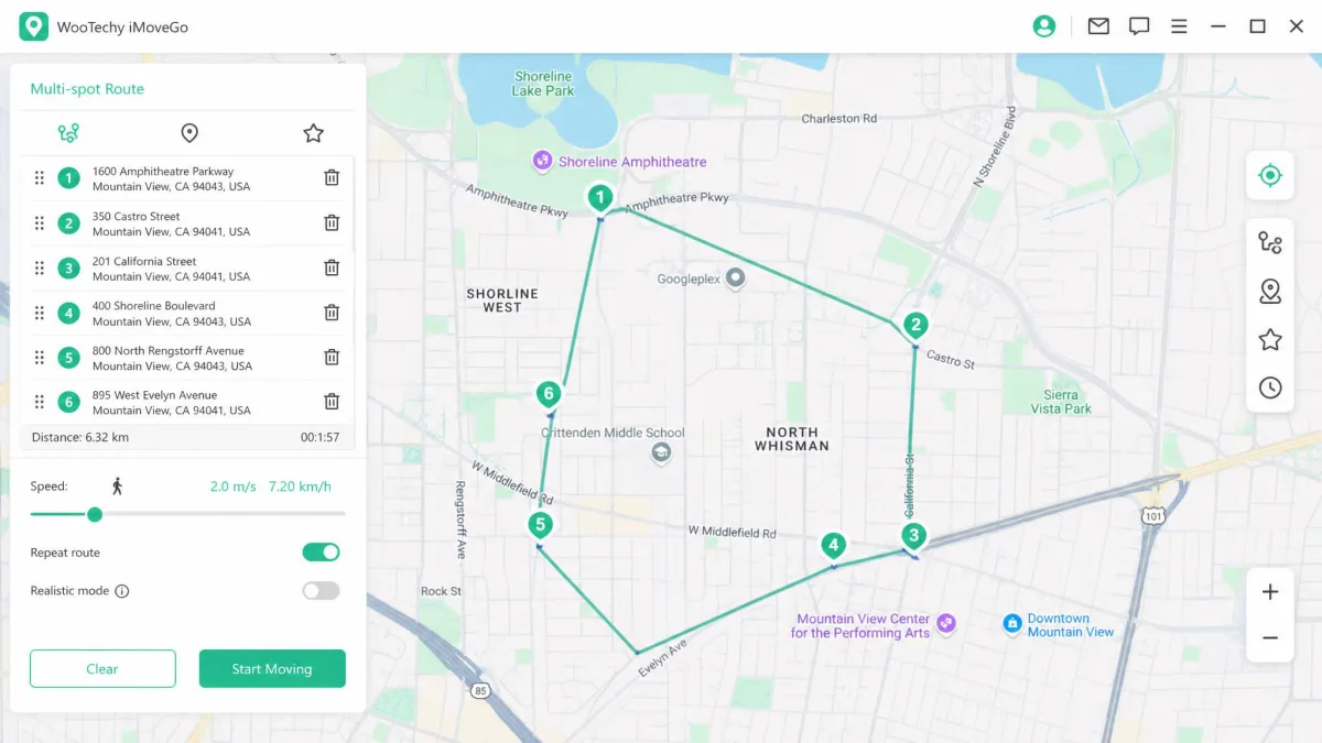 WooTechy iMoveGo multi-spot route mode with six numbered pins plotted along city streets, a speed slider set to walking pace, and a repeat-route toggle enabled in the sidebar.