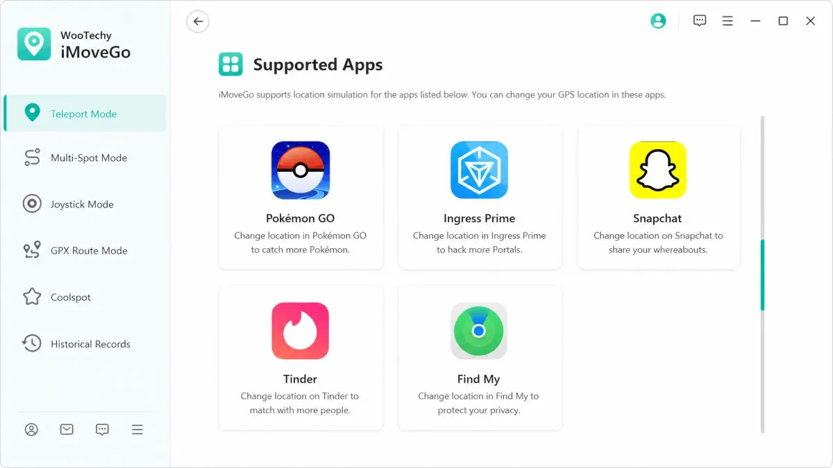 WooTechy iMoveGo supported-app panel listing Pokemon GO, Ingress Prime, Snapchat, Tinder and Find My as icon tiles in a scrollable grid.