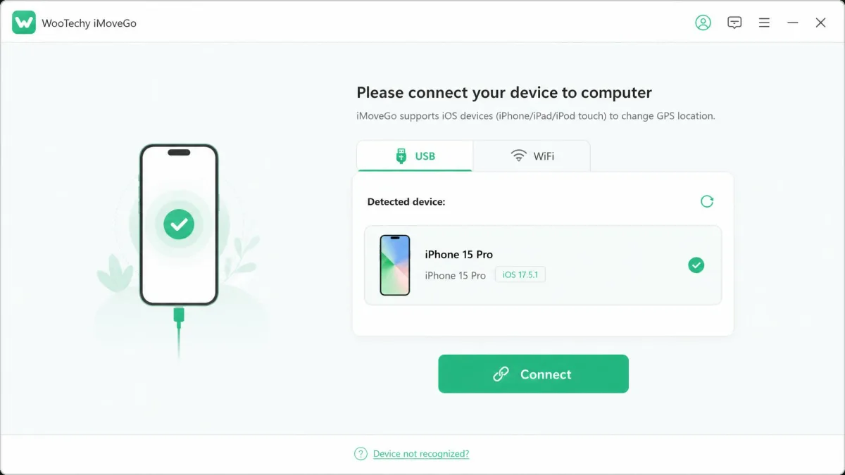 WooTechy iMoveGo connection screen with USB and WiFi tabs, a detected iPhone listed with its model name, and a green Connect button ready to press.