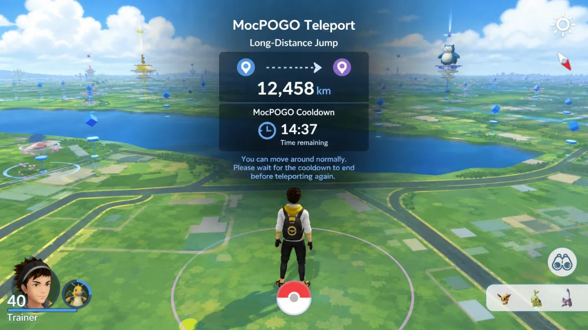 MocPOGO cooldown countdown shown on screen after a long-distance teleport, displaying the remaining wait in minutes beside the distance jumped.