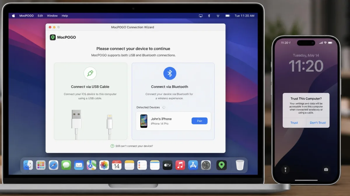 MocPOGO connection wizard on a Mac showing the cable and Bluetooth pairing choices with a detected iPhone listed and a Trust This Computer prompt on the phone beside it.