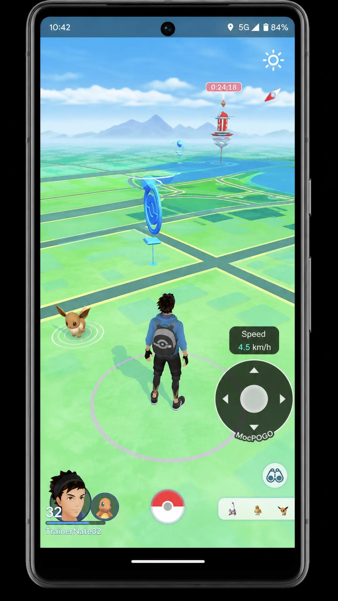 MocPOGO joystick overlay on an Android phone running Pokemon GO, showing the circular directional pad in the lower right corner and a walking-speed indicator above it.