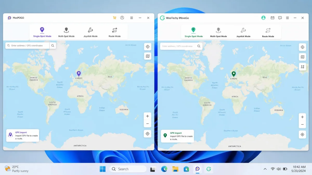 MocPOGO and WooTechy iMoveGo desktop apps shown side by side on a Windows screen, each displaying a world map with a dropped location pin and a mode selector bar along the top.