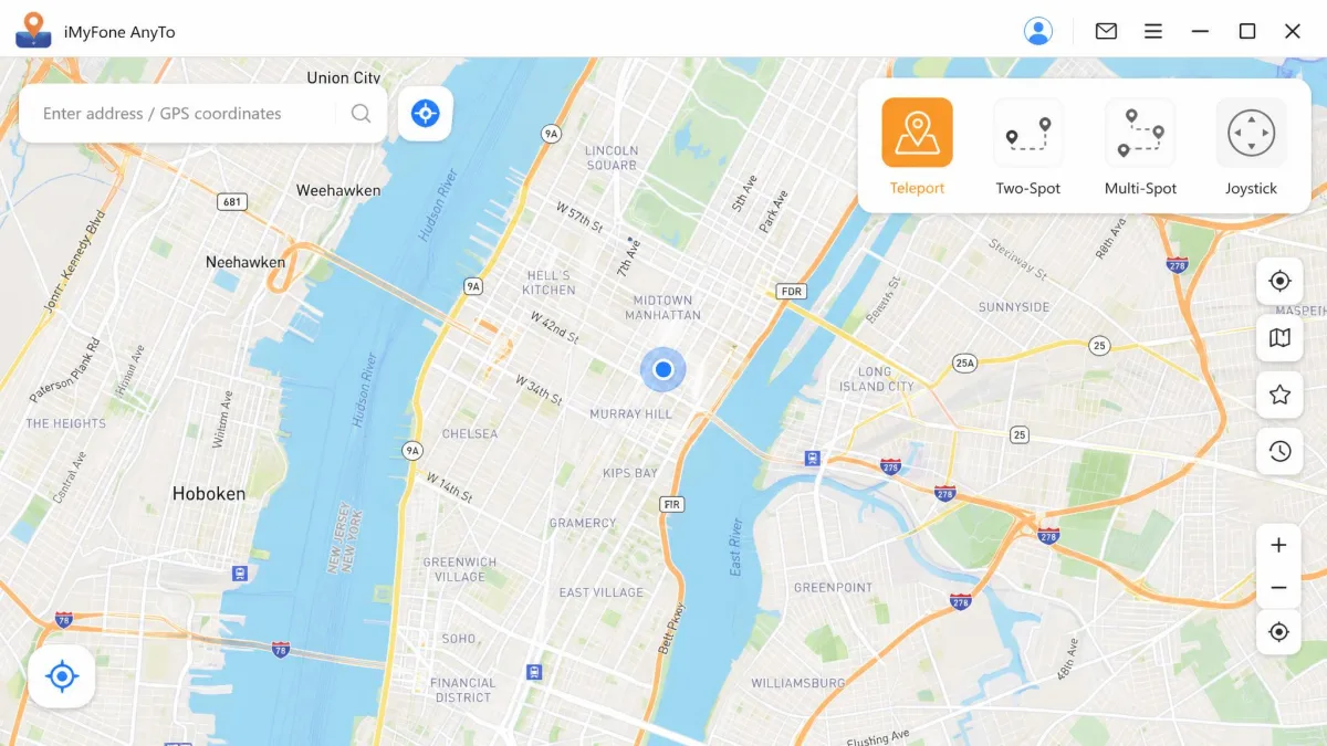 iMyFone AnyTo's desktop window with the map centred on a city and the mode switcher in the top right showing Teleport, Two-Spot, Multi-Spot and Joystick icons.