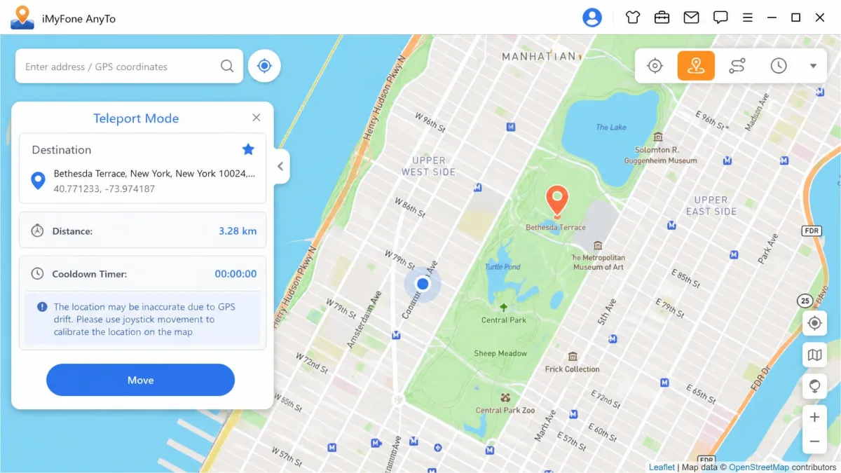iMyFone AnyTo's teleport panel open over the map with a destination pin dropped, the distance readout filled in and the Move button highlighted.