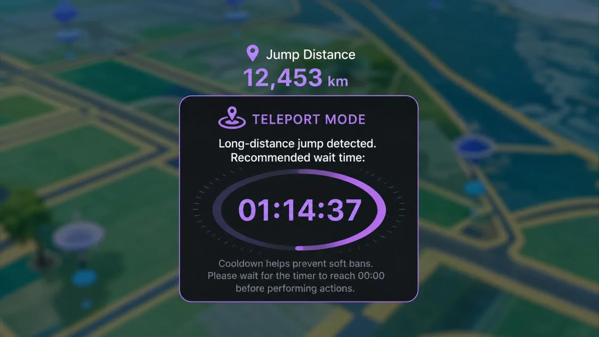 MocPOGO's cooldown timer panel in teleport mode, counting down a recommended wait after a long-distance jump with the jump distance shown above it.