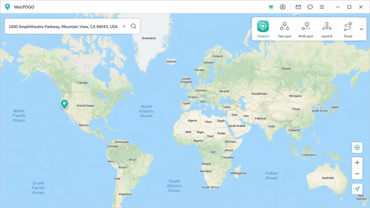 MocPOGO's Windows desktop app with the world map filling the window, teleport mode selected in the top-right toolbar and a destination address typed into the search box.