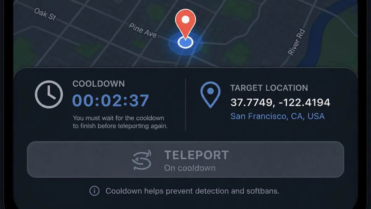 A close-up of a spoofing app's on-screen cooldown timer counting down beside a map pin, with the teleport button greyed out until the timer clears.
