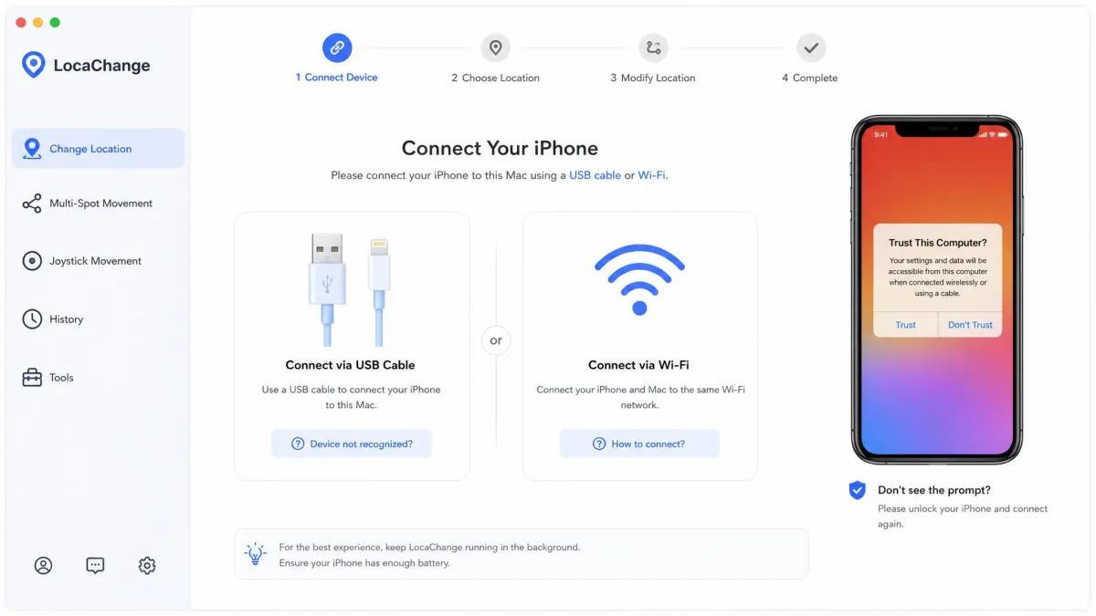 LocaChange's connection step on a Mac, offering USB cable and Wi-Fi options side by side with an iPhone illustration and a Trust This Computer prompt shown on the handset.