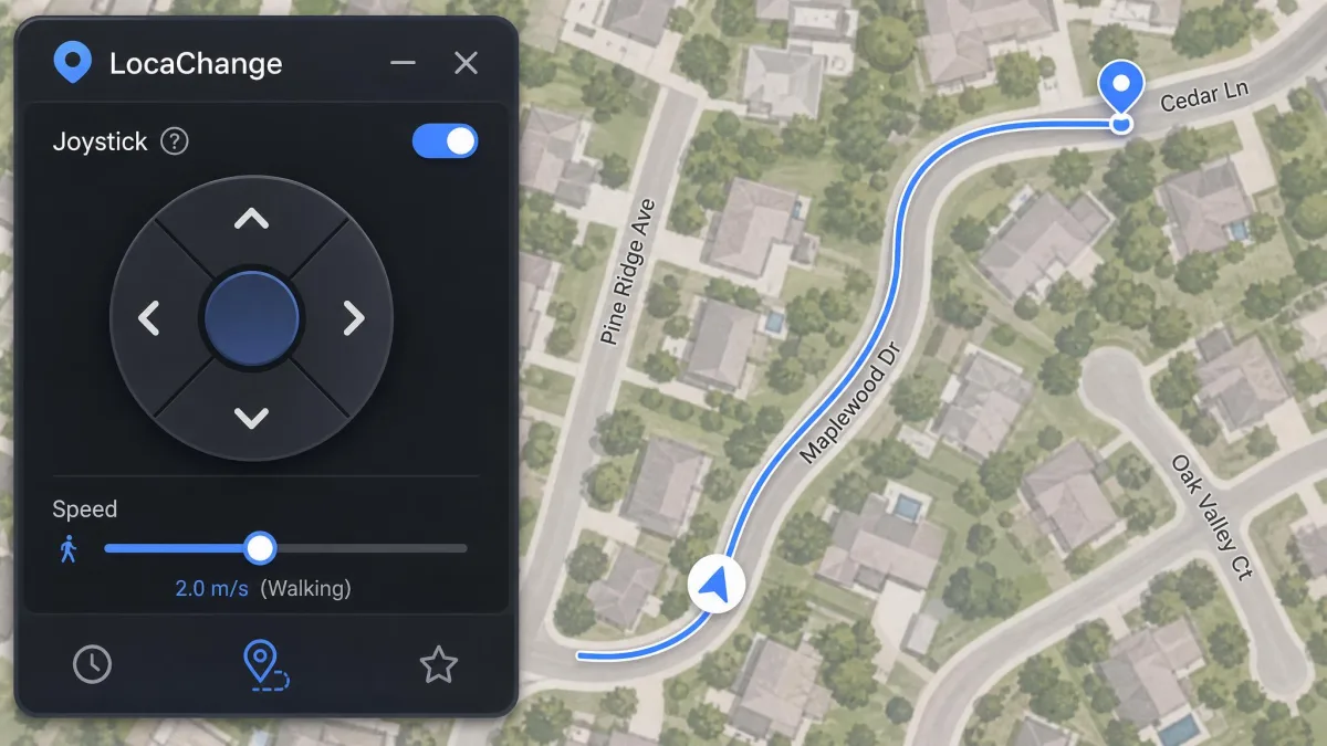 LocaChange location changer's joystick panel overlay in close-up, showing the circular directional pad, the speed slider set near walking pace, and a curved route line following a residential street on the map behind it.