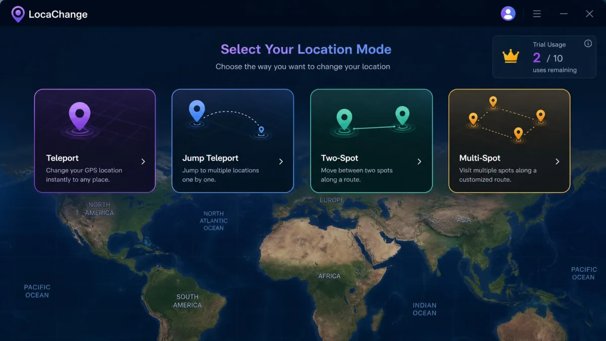 LocaChange's mode selection screen showing the Teleport, Jump Teleport, Two-Spot and Multi-Spot tiles across the top of a world map, with the trial usage counter visible in the corner.