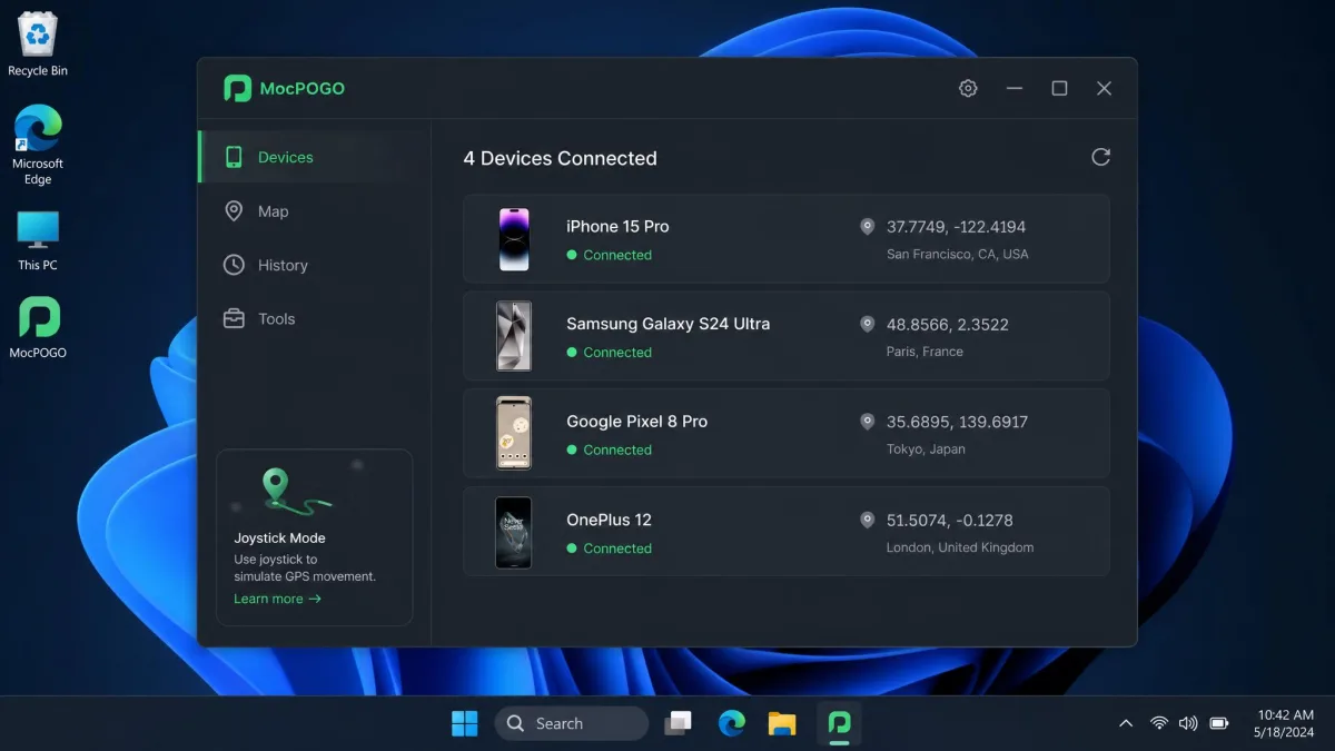 MocPOGO's device panel on a Windows desktop listing four connected phones by model name, each with a green connected status dot and its own current spoofed coordinates.