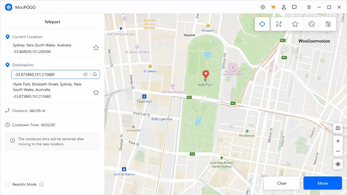 MocPOGO's teleport screen with a coordinate string typed into the search bar, the destination pin dropped on a park in Sydney, and the blue Move button highlighted at the lower right.