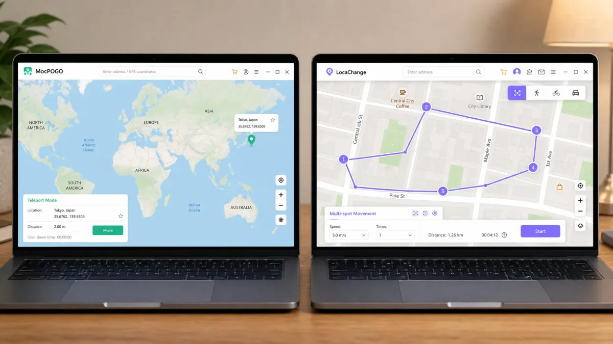 Two laptop screens side by side, the left running MocPOGO's world map with a teleport pin dropped on Tokyo and the right running LocaChange's map with a multi-spot route drawn across a city block.