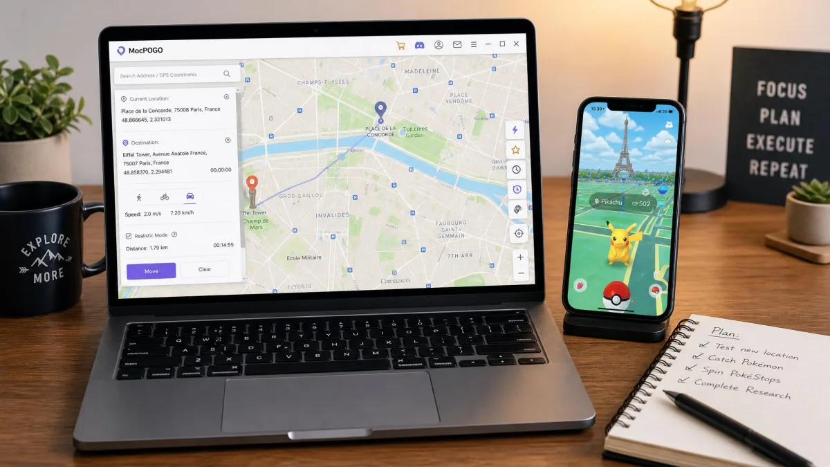 A desk scene with a laptop showing MocPOGO's map on screen and an iPhone beside it displaying Pokemon at the spoofed location, notebook and pen alongside.