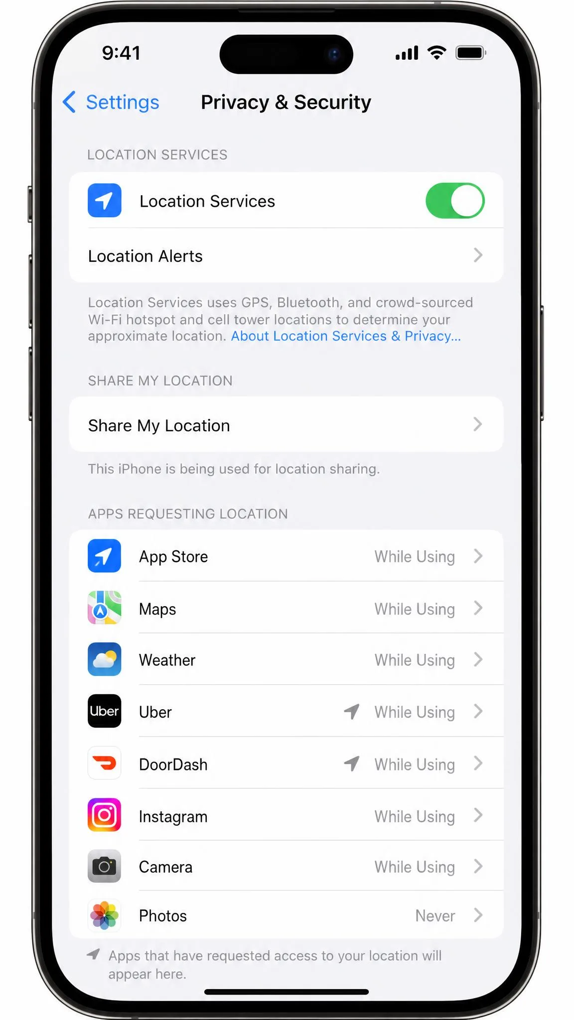 An iPhone Settings screen open on Privacy and Security with the Location Services toggle switched on and a list of apps requesting location access below it.