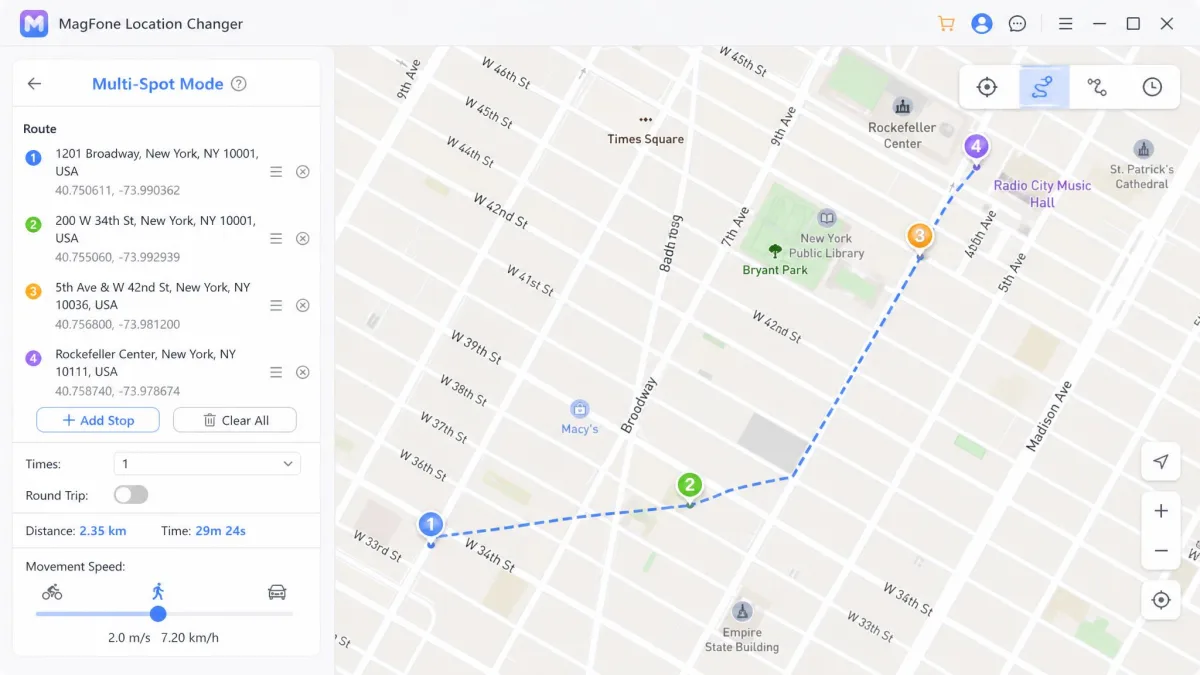 MagFone Location Changer's multi-spot mode with four waypoints plotted along a city street and the movement speed slider set to walking pace at the bottom of the panel.