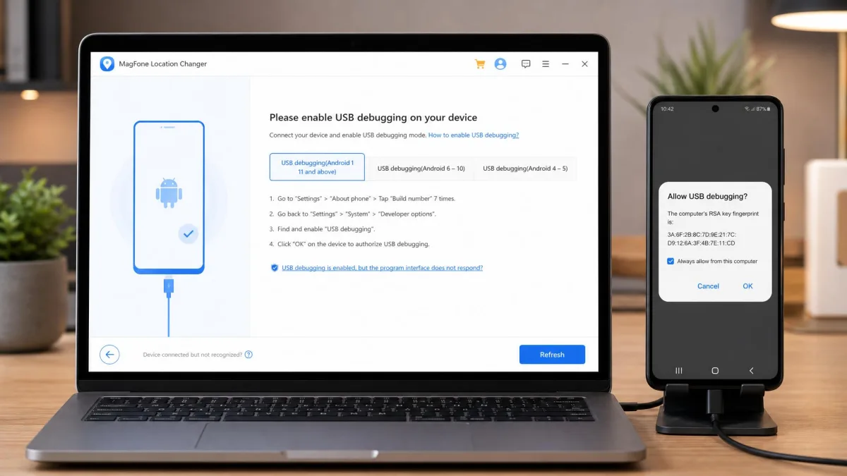 MagFone Location Changer's device connection screen prompting the user to enable USB debugging on a connected Android phone, with the trust dialog visible on the phone beside the laptop.