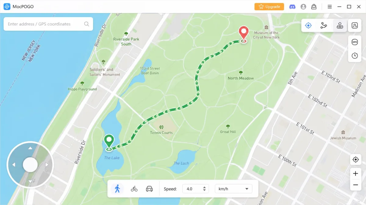 MocPOGO's on-screen joystick overlay in the corner of the map while a green walking route runs between two pins, with the movement speed set to 4 km per hour.