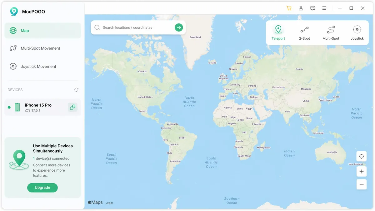 MocPOGO's desktop window showing the world map with a search bar at the top, the teleport mode icons in the upper right corner, and a connected iPhone listed in the sidebar.