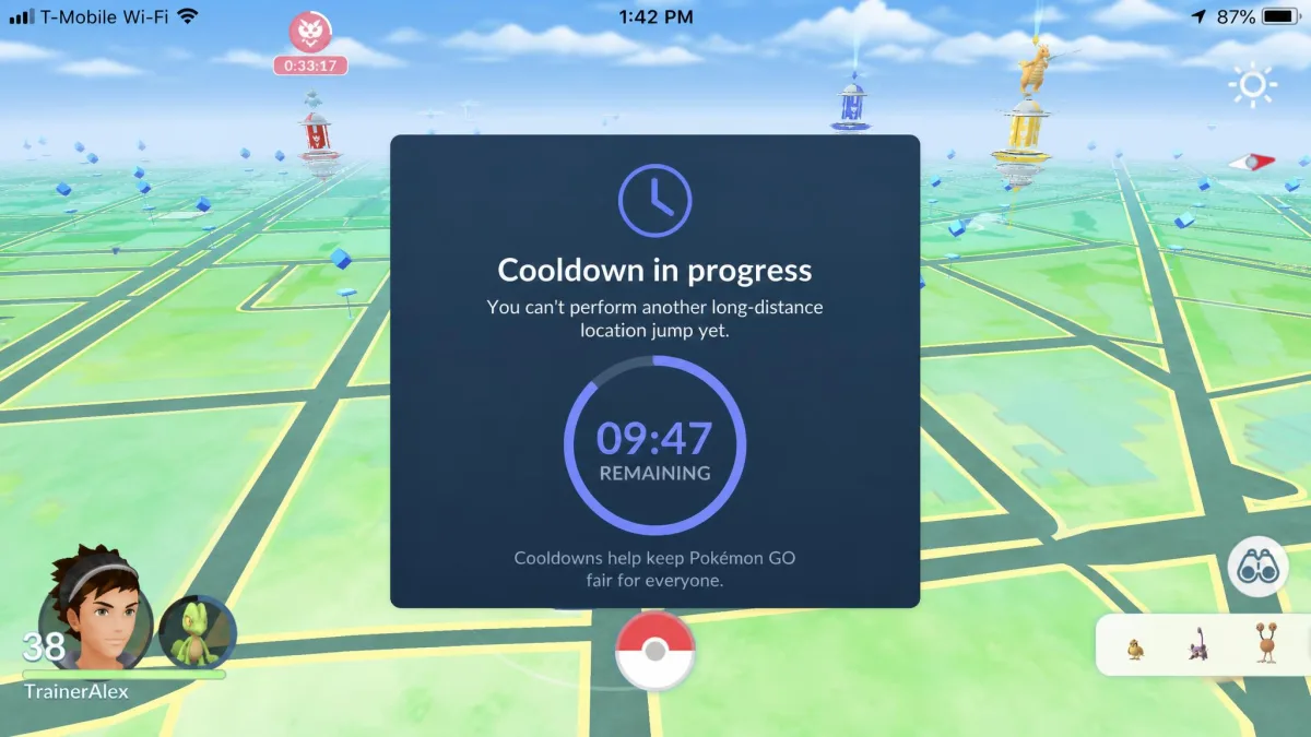 A cooldown countdown overlay displayed over a Pokemon GO map view on a phone screen, showing the remaining wait in minutes after a long-distance location jump.